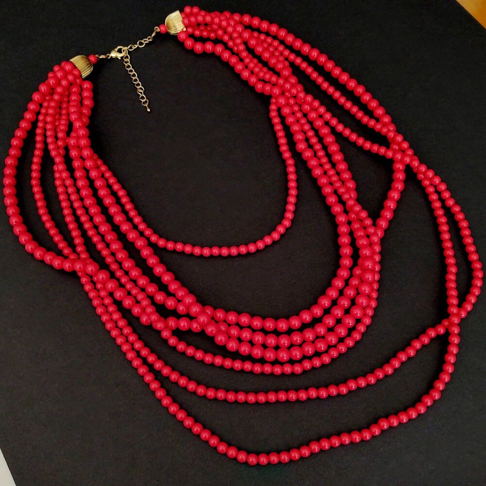 Long 7 strand layered red beaded necklace - Picture 8 of 10